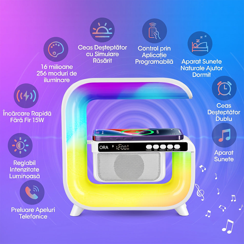 Lampa ambientala RGB 15W cu 256 moduri de iluminare, boxa Bluetooth si alarma dubla