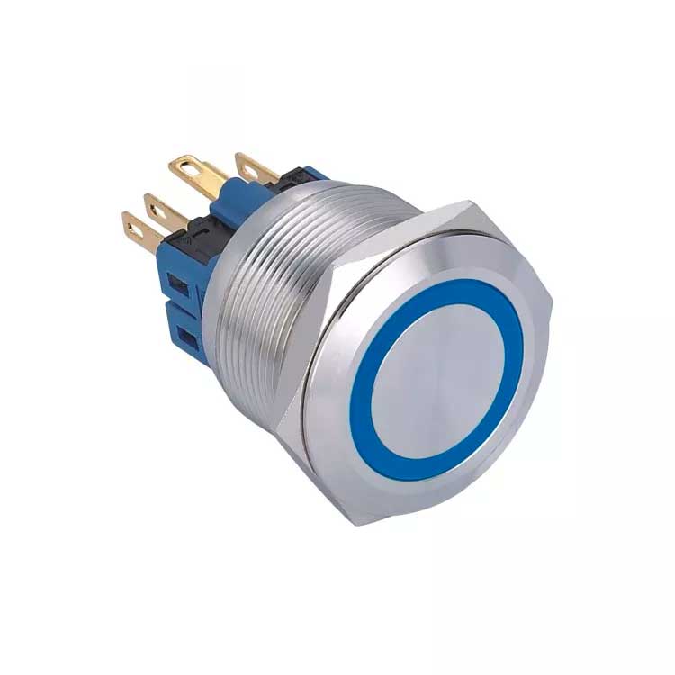 25mm Push Button Switch with Return, 12-24V Blue LED