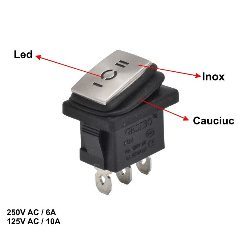 Stainless Steel Button, Rectangular, 6A, LED, 3 Position, 23x17x30mm
