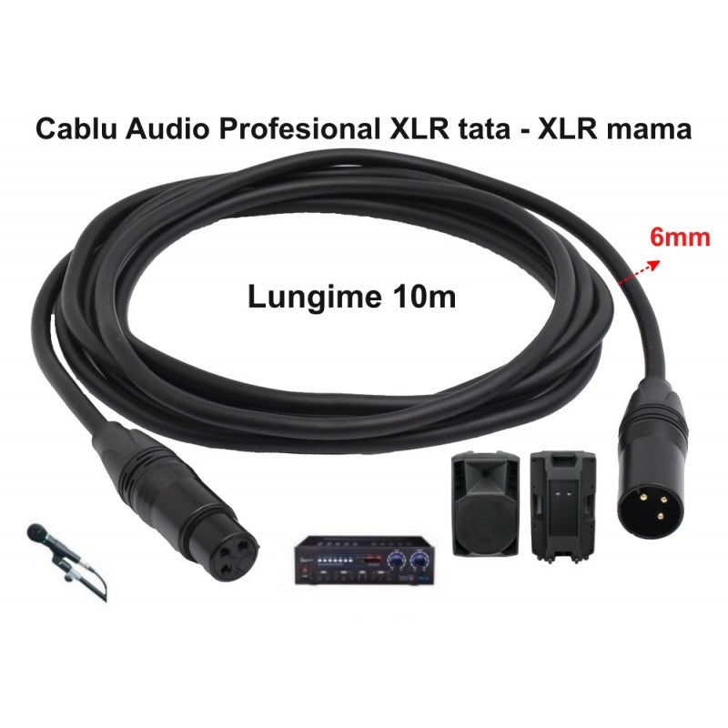 Professional XLR Male to XLR Female Audio Cable - 6mm / 10m