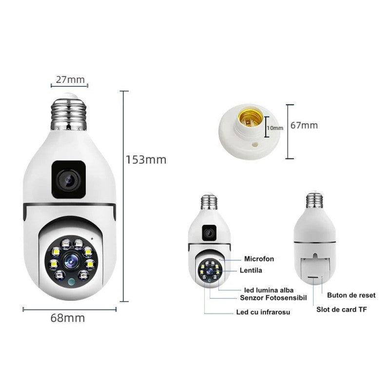IP Surveillance Camera, Dual View PTZ 360˚ and Fixed - E27 / V380 Pro