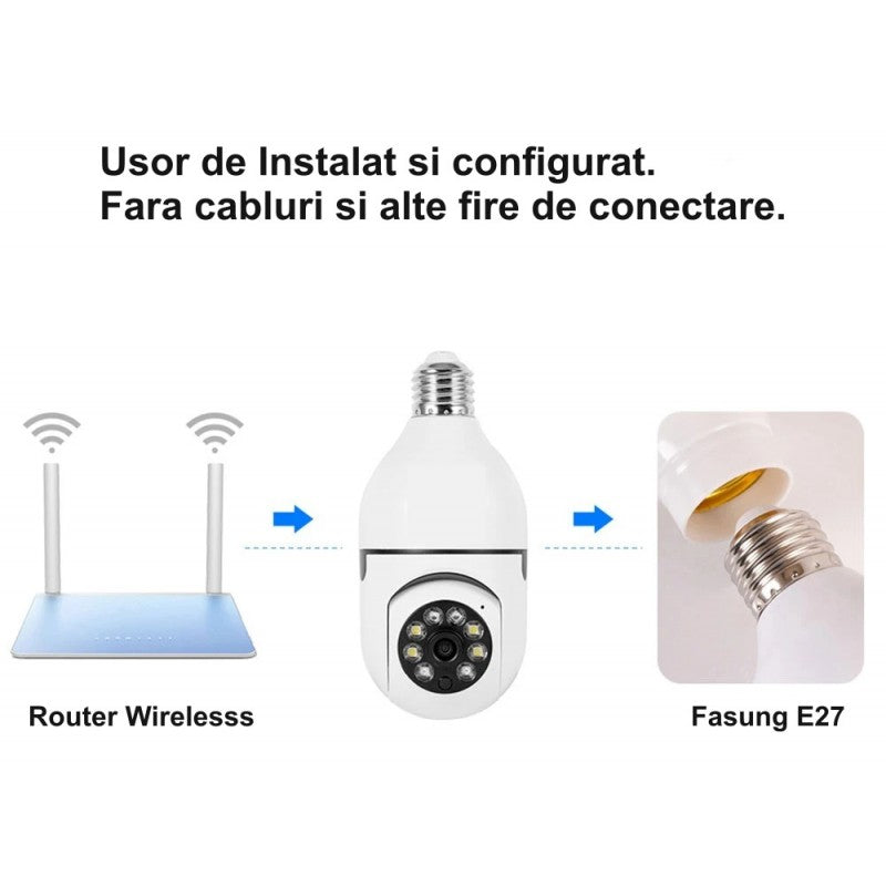 IP Surveillance Camera, PTZ 360˚ and Wi-Fi - E27 / V380 Pro