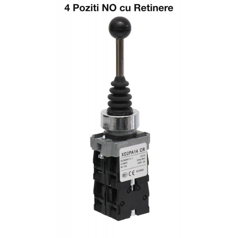 Joystick Controller, 4-Position, Latching, 22mm Mounting Diameter, Metal, 3A