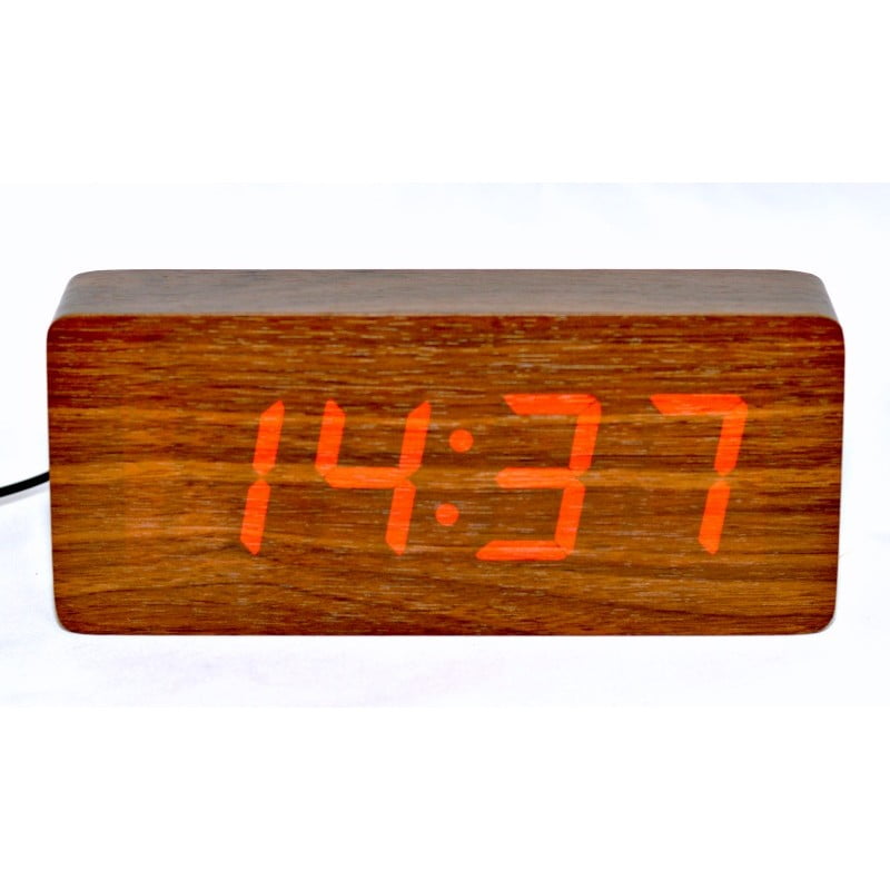 Large Digital Clock, Brown Wood, Red LED