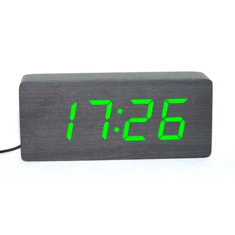Large Digital Clock, Black Wood, Green LED