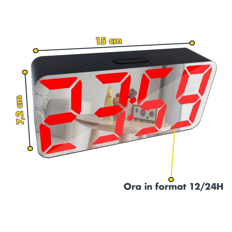 Digital Mirror Clock, Red LED, Alarm