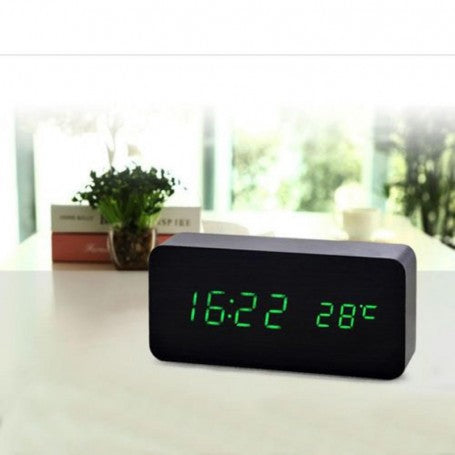 Digital Clock in Black Wood, Green LED