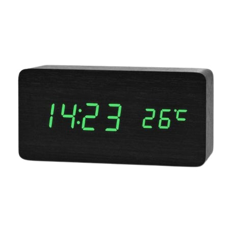 Digital Clock in Black Wood, Green LED