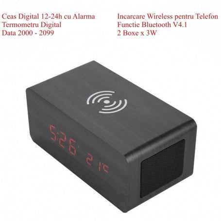 LED Clock with Wireless Charging, BT V4.1