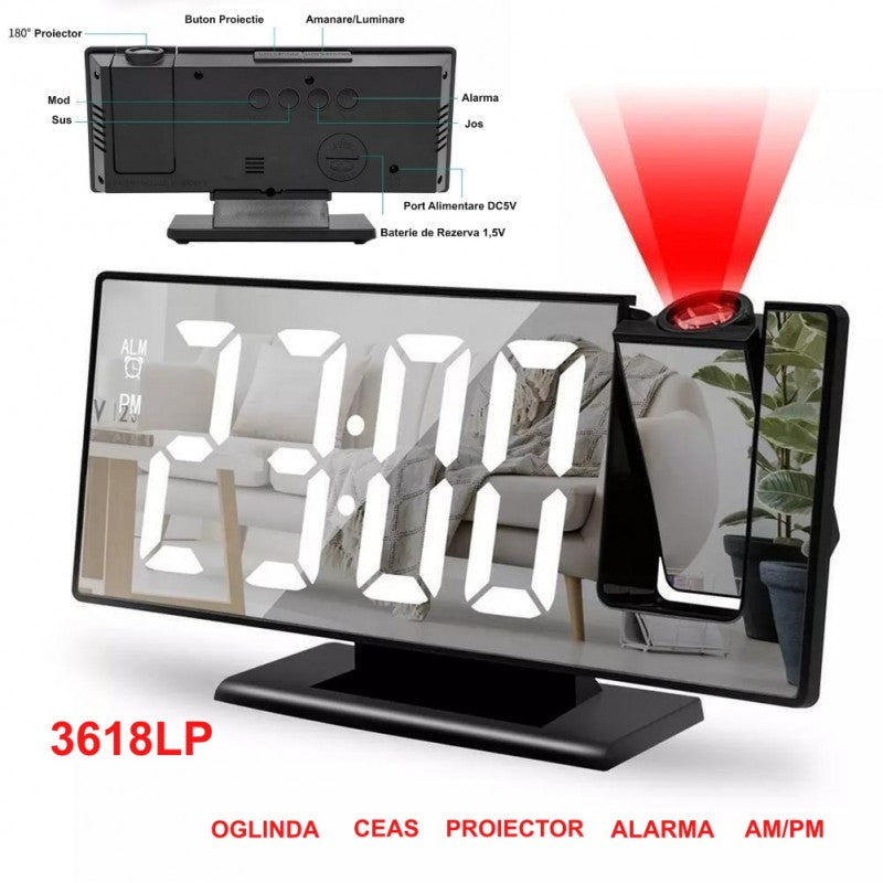 Mirror Projection Clock 3618LP, White