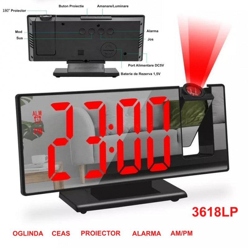 Mirror Projection Clock 3618LP, Red