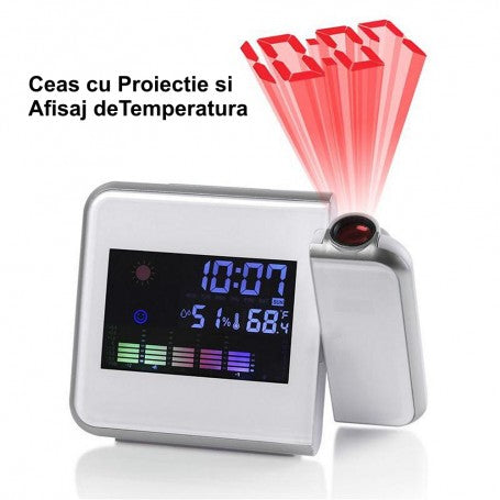 Projection Clock with LCD Display, White