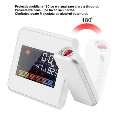 Projection Clock with LCD Display, White