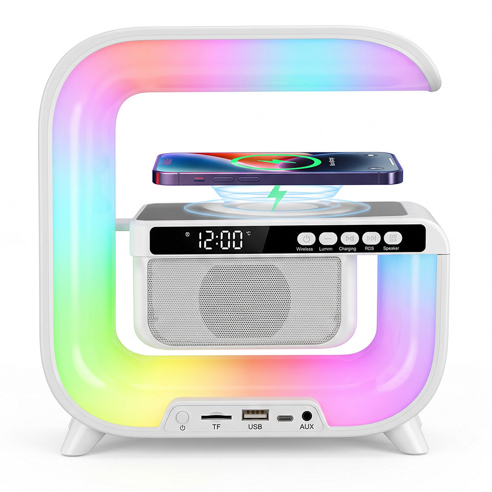 Lampa LED RGB cu boxa Bluetooth, incarcare wireless 15W si ceas digital, design G alb