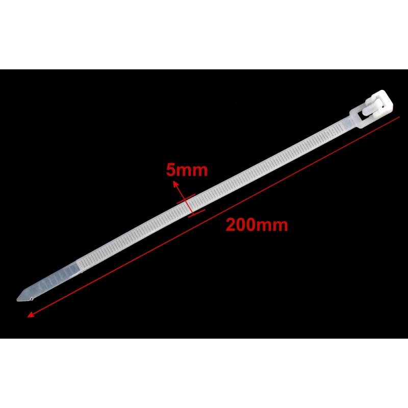 Set 100x Reusable Plastic Cable Tie, 5x200mm, White