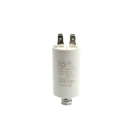 Condensator motor 10uF 450V, vedere frontala completa cu cei 4 papuci si surub