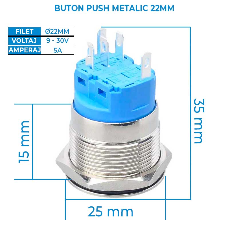 22mm Latching Push Button, 12-24V, Blue LED, Connector included, ElectroAZ