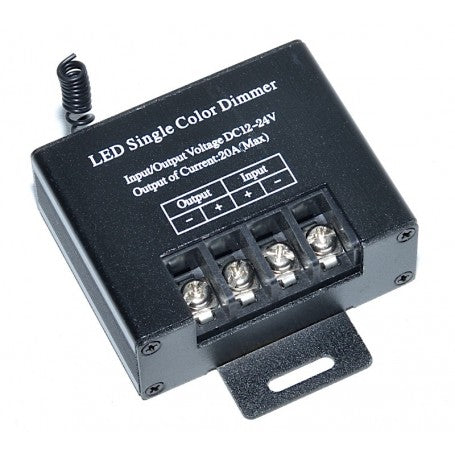 Dimmer LED monocrom 20A carcasa metalica neagra, borne cu surub si antena pentru semnal RF wireless