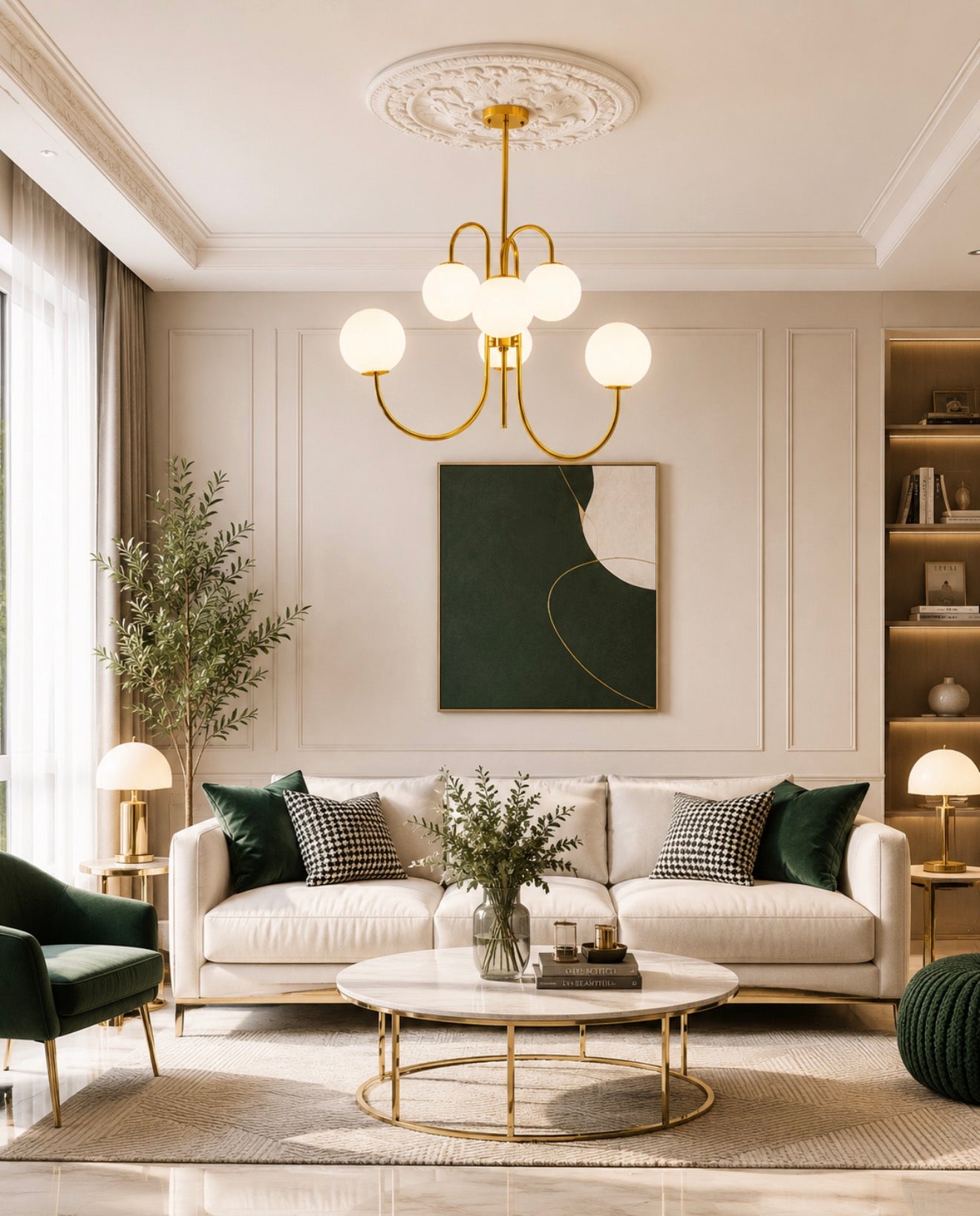 Lustra suspendata cu globuri sferice albe si structura aurie, instalata in living modern elegant