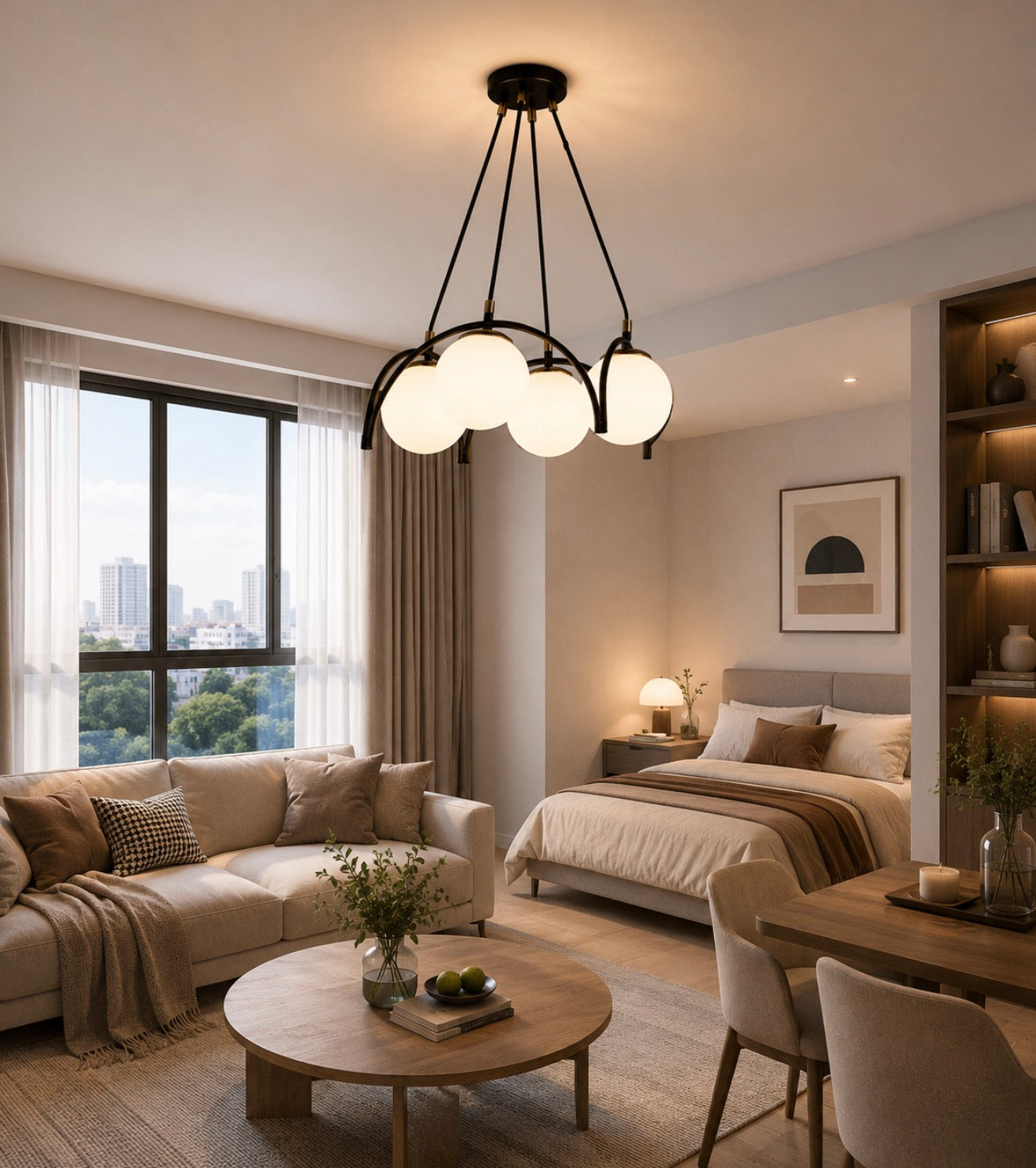 Candelabru cu globuri mate montat in living modern, atmosfera calda, suspendat deasupra zonei de relaxare