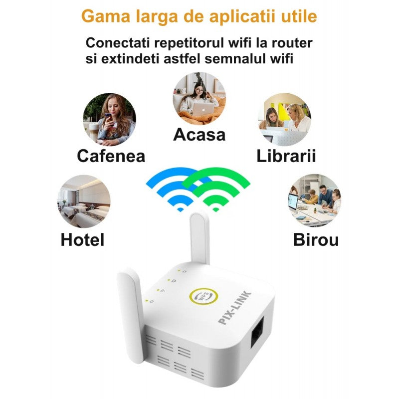 Wireless N Extender 2 Antennas 300Mbps, Pix-Link WPS