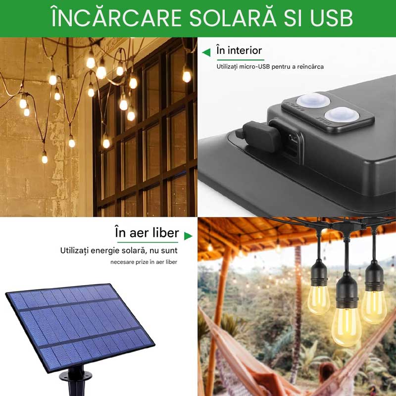 Solar-Powered String Lights, 5 meters, 10 Warm White LED Bulbs included, ElectroAZ