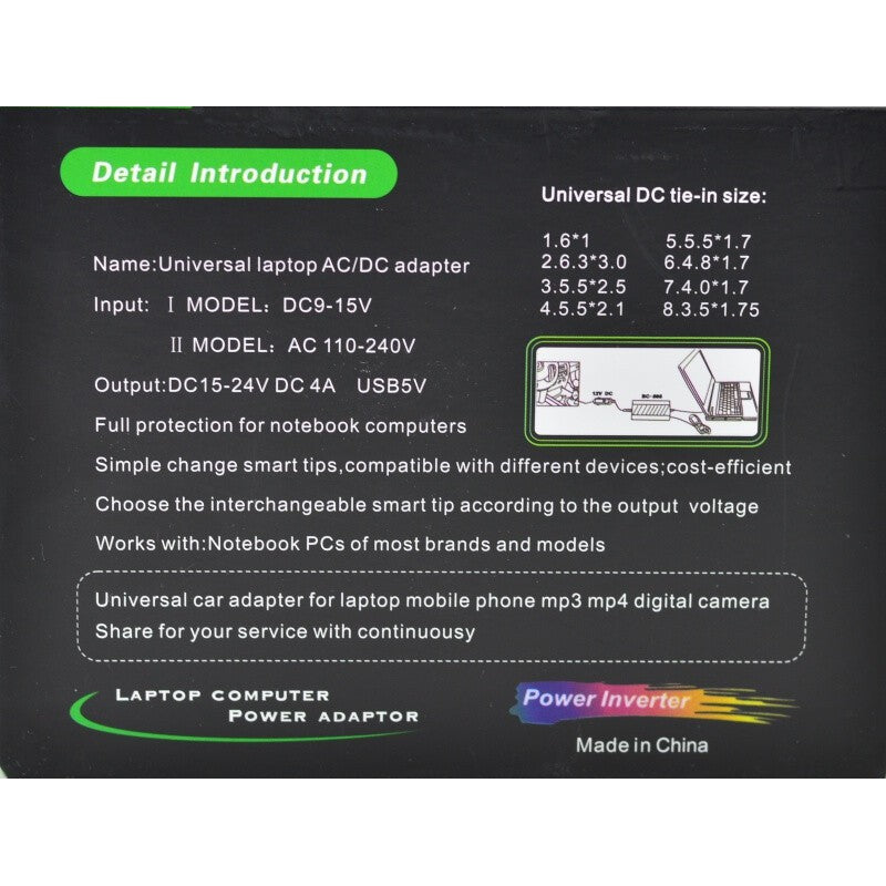 Universal Laptop Charger, Home and Car, 8 Connectors Included, 100W