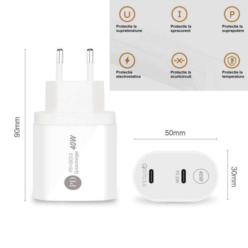 iPhone/Samsung Fast-Charge 40W Charger, 2x Type-C, 20W+20W, 220V Power Adapter