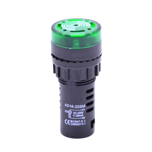 Indicator Light with Alarm, Audible Buzzer, LED, 220V, 20 mA, Green