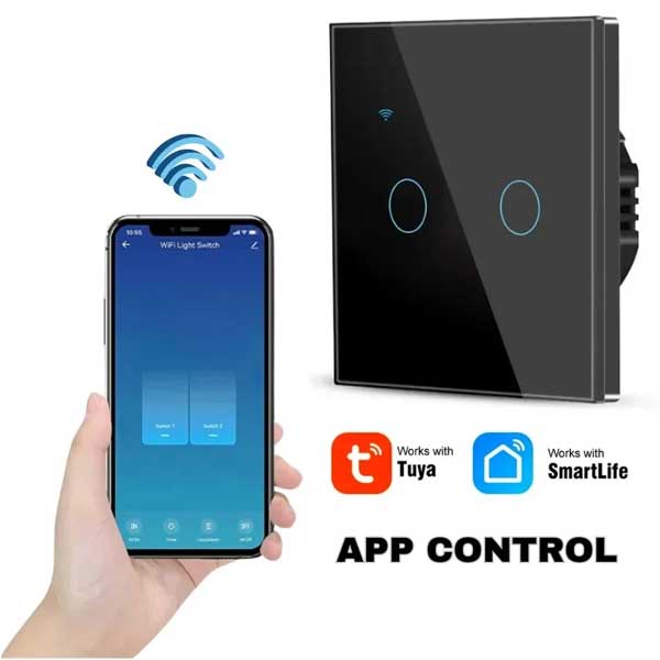 Smart Double Touch Switch, Black, WiFi, Tempered Glass, Classlights, 10A, Voice Control, Smart Life / Tuya, LED
