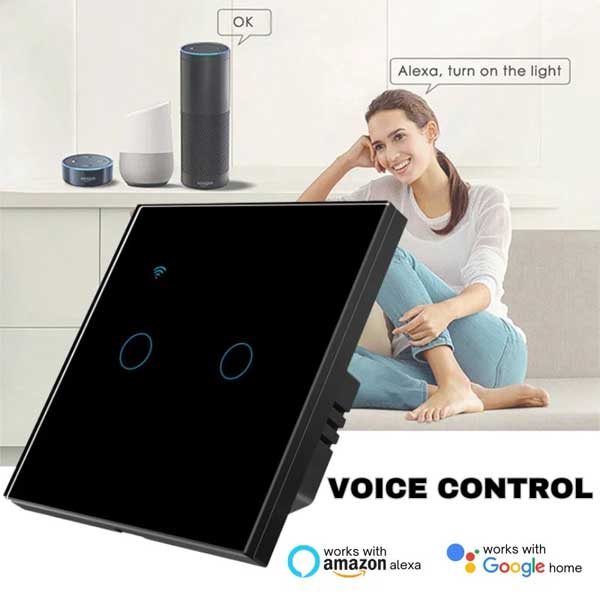 Smart Double Touch Switch, Black, WiFi, Tempered Glass, Classlights, 10A, Voice Control, Smart Life / Tuya, LED