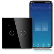 Smart Double Touch Switch, Black, WiFi, Tempered Glass, Classlights, 10A, Voice Control, Smart Life / Tuya, LED