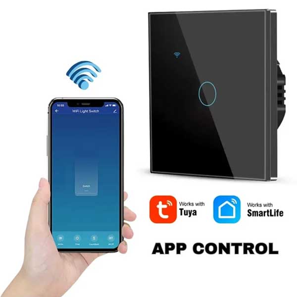 Black Smart Touch Switch, WiFi, Tempered Glass, Classlights, 10A, Voice Control, Smart Life / Tuya, LED