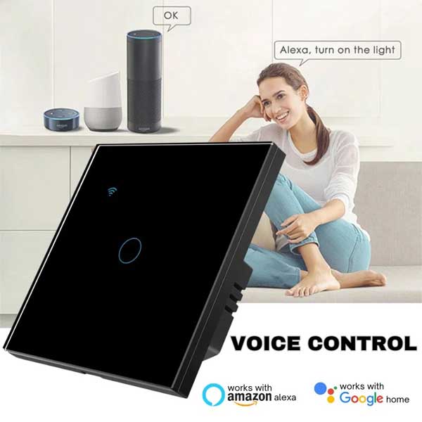 Black Smart Touch Switch, WiFi, Tempered Glass, Classlights, 10A, Voice Control, Smart Life / Tuya, LED