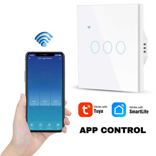 Smart triple touch switch, White, WiFi, Tempered glass, Classlights, 10A, Voice control, Smart Life / Tuya, LED