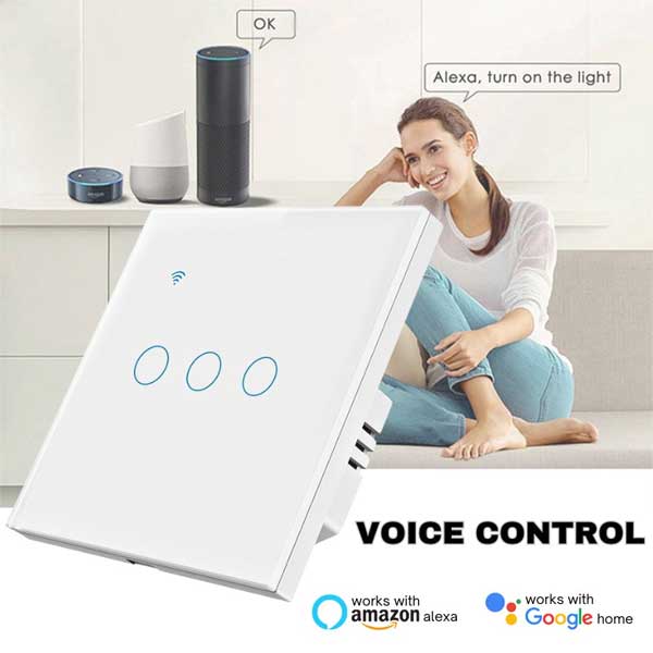Smart triple touch switch, White, WiFi, Tempered glass, Classlights, 10A, Voice control, Smart Life / Tuya, LED