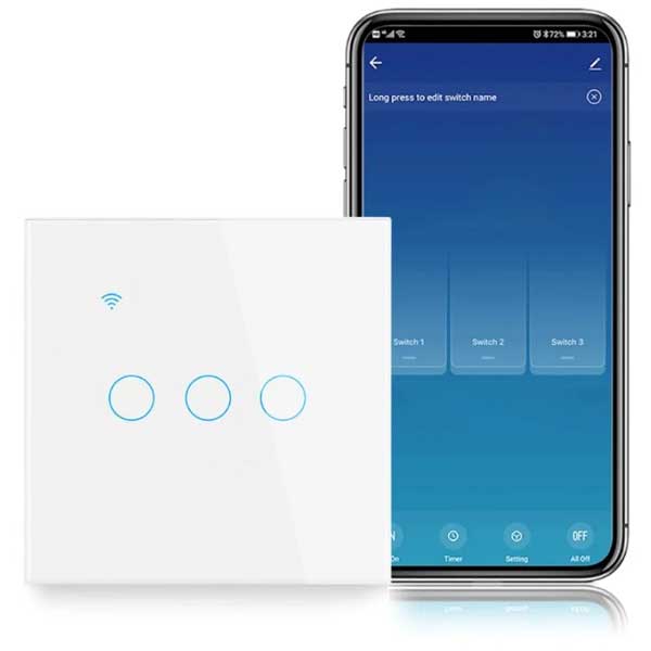 Smart triple touch switch, White, WiFi, Tempered glass, Classlights, 10A, Voice control, Smart Life / Tuya, LED