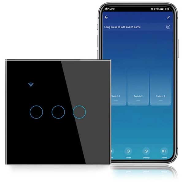 Triple Touch Smart Switch, Black, WiFi, Tempered Glass, Classlights, 10A, Voice Control, Smart Life / Tuya, LED