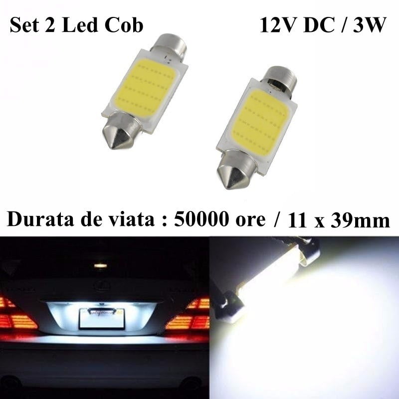 LED Car COB, Festoon Socket 39mm, White Light, Set of 2