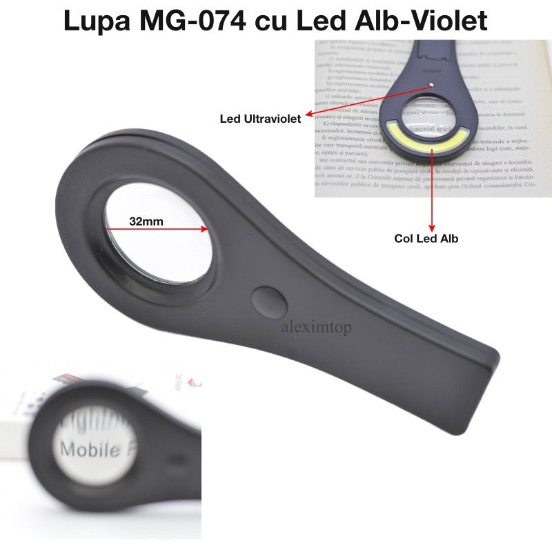 Handheld Magnifying Glass with White + Violet COB LED