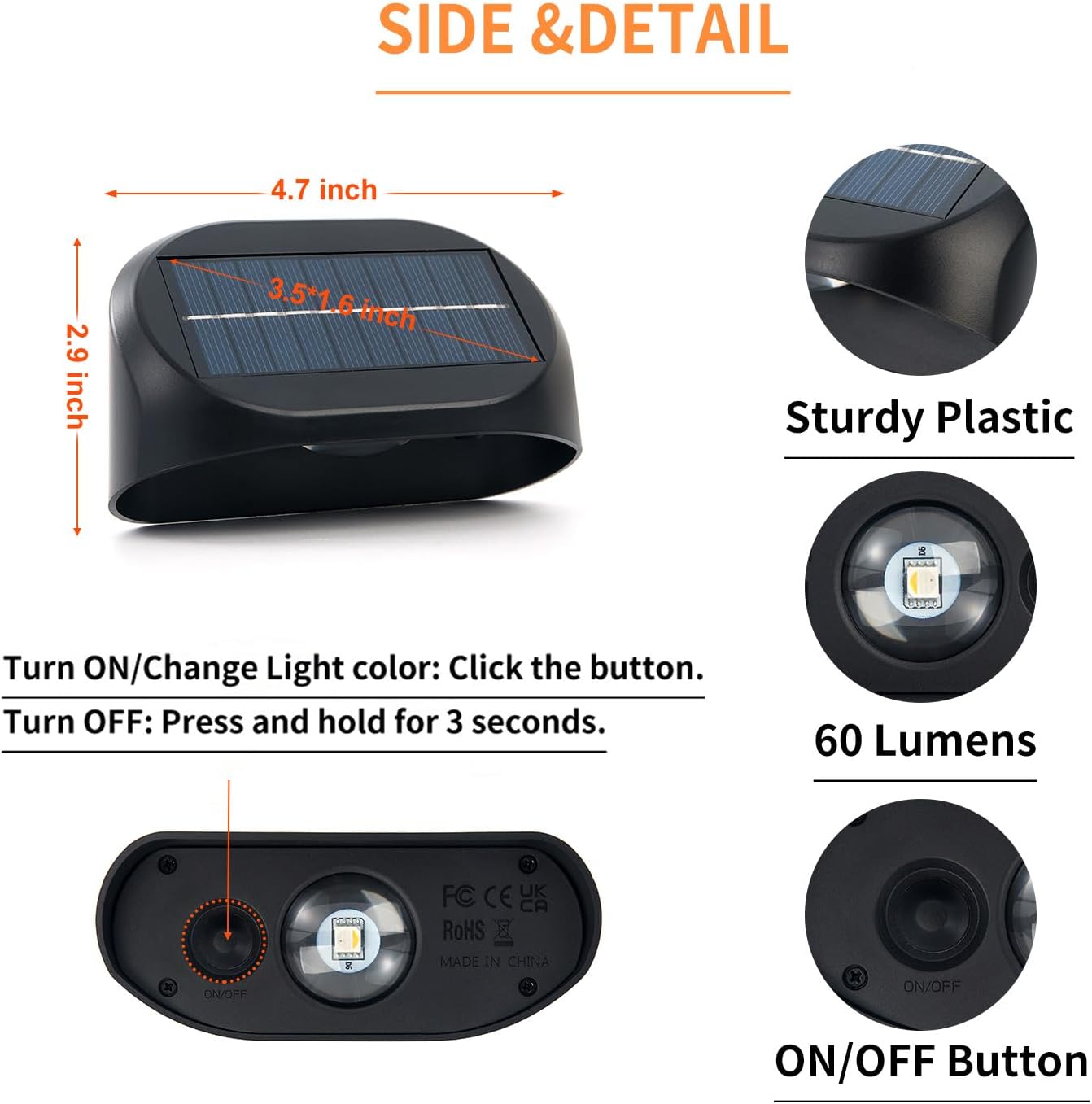 Set of 4 Outdoor Solar Wall Lights, RGBW Multicolored Light, Classlights