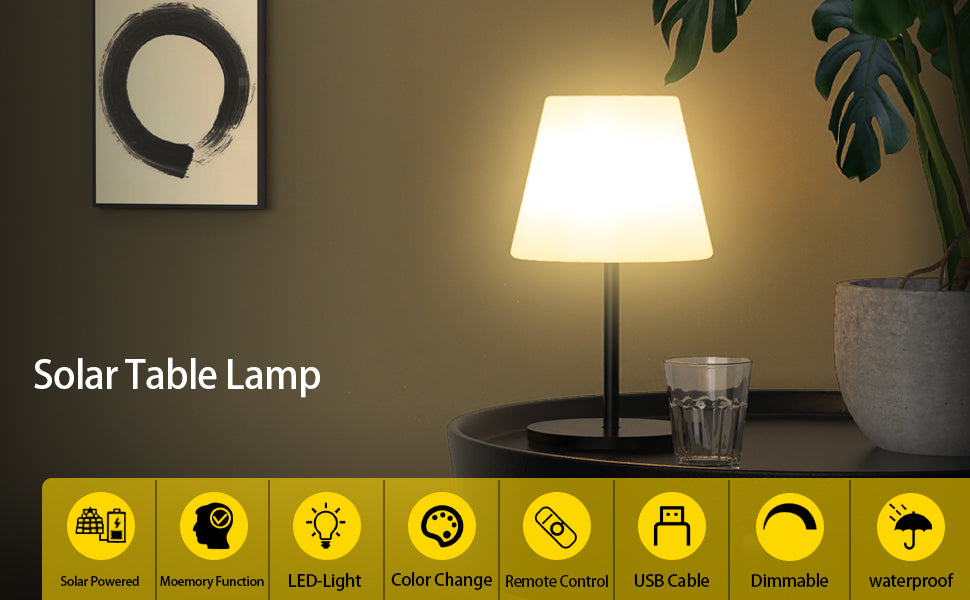 Table Lamp, Solar and USB-C Charging, RGBW Multicolor Light, Remote Control, ClassLights