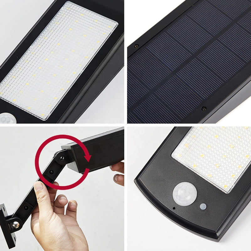 Detalii lampa solara: LED-uri SMD 2835, panou solar integrat, articulatie reglabila si senzor de miscare