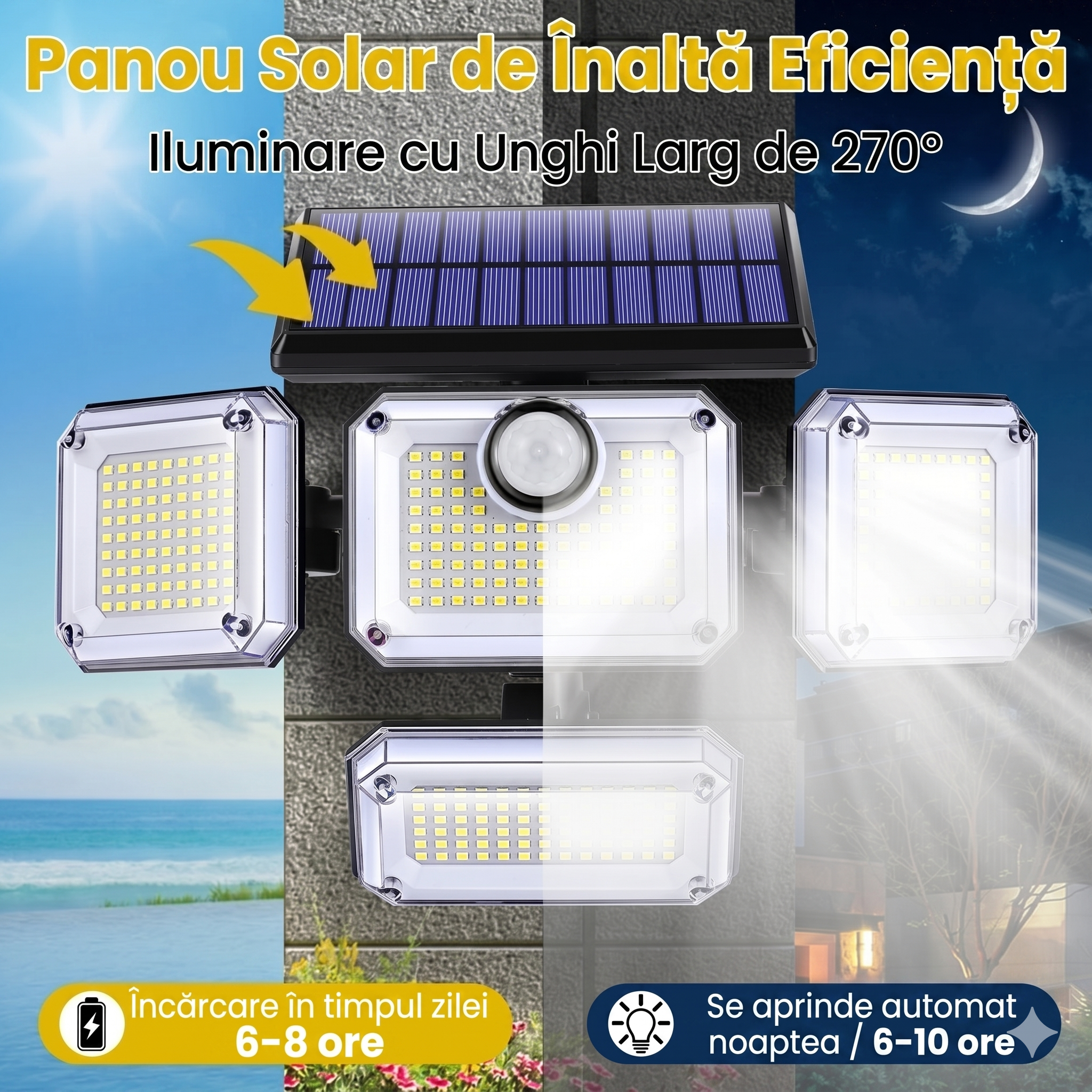 Dual Solar Lamp, 333 LEDs, 3000 Lumens, Motion Sensor and Solar Panel