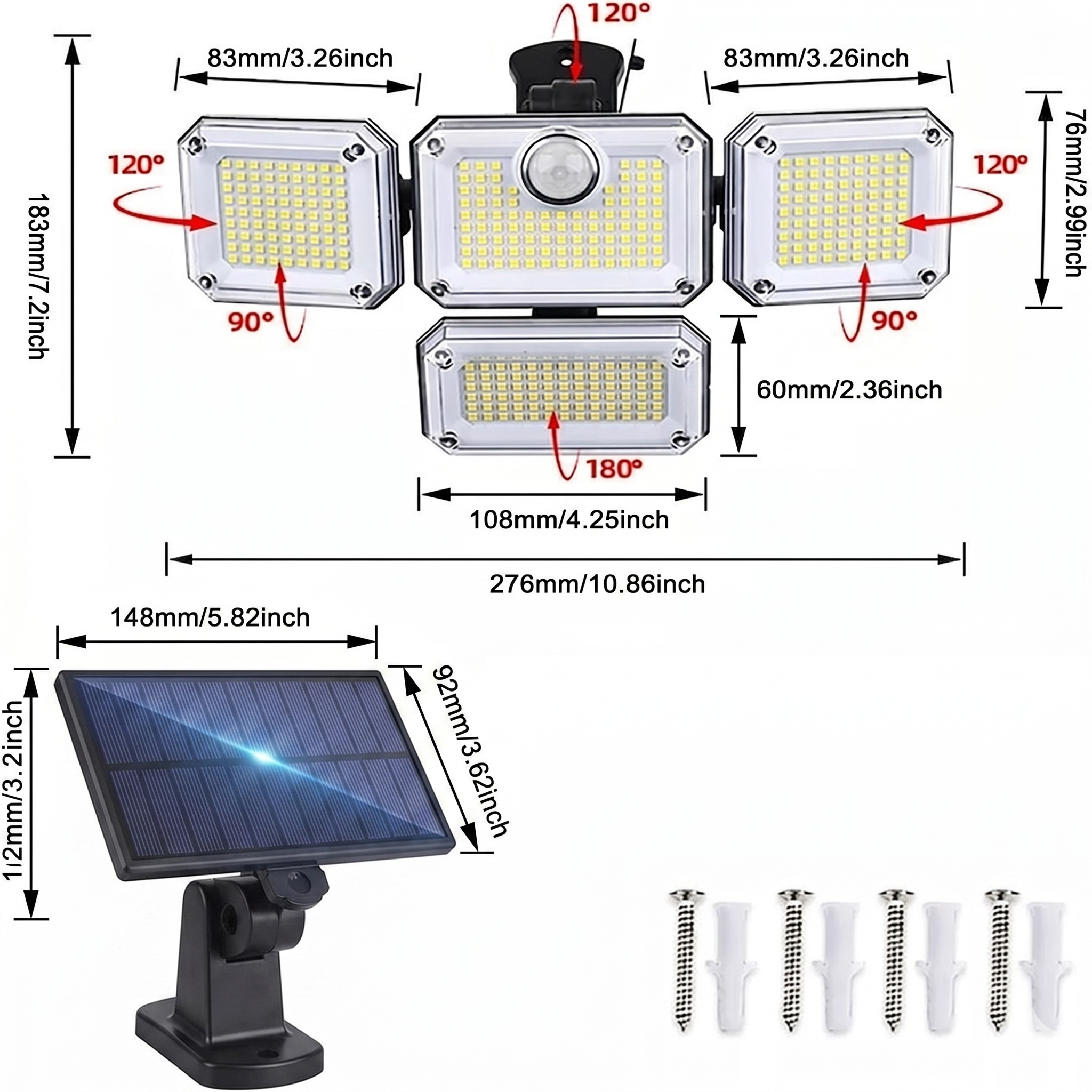 Dual Solar Lamp, 333 LEDs, 3000 Lumens, Motion Sensor and Solar Panel