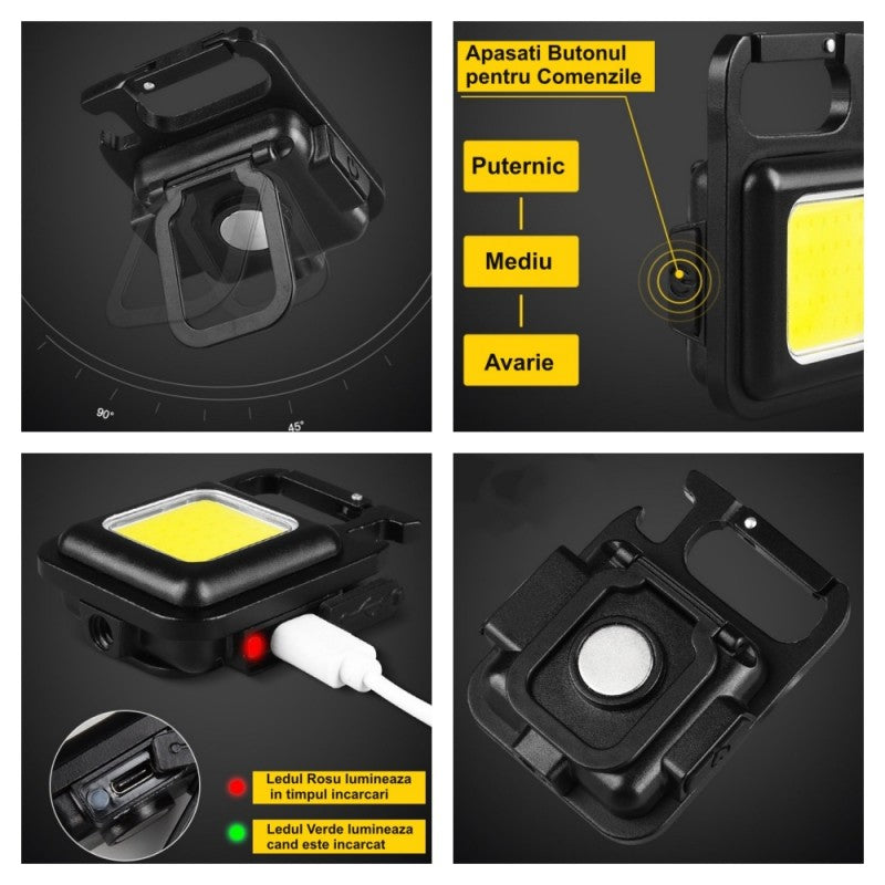 Mini LED Cob Flashlight 6W, Keychain Type, Carabiner, Aluminum Casing
