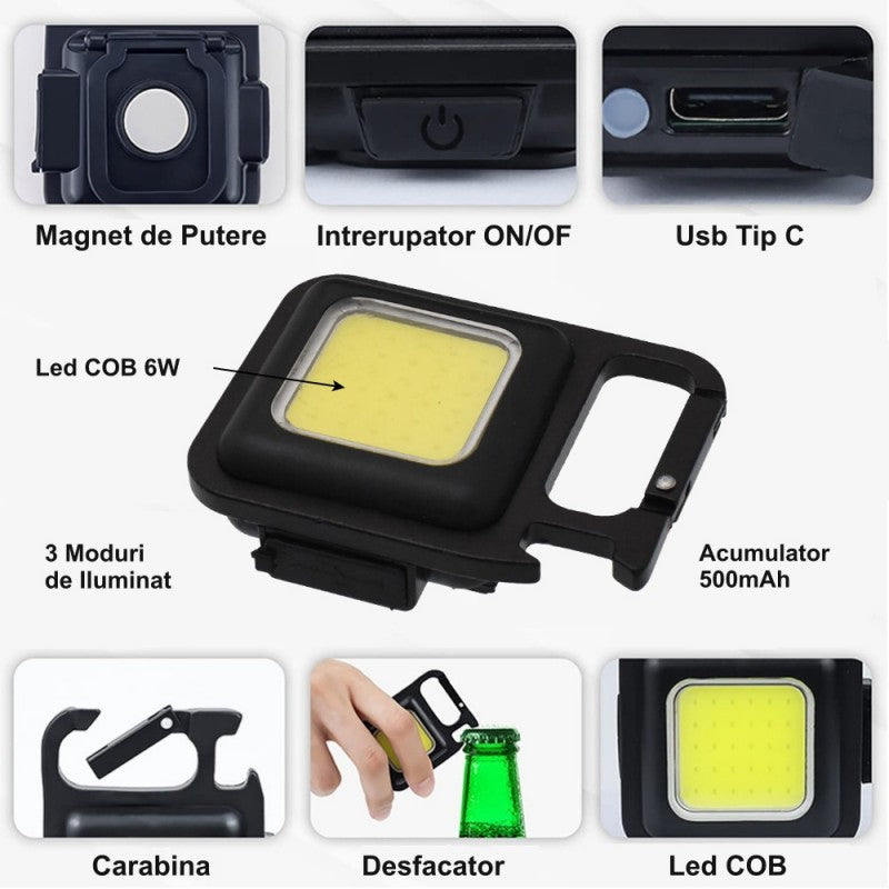 Mini LED Cob Flashlight 6W, Keychain Type, Carabiner, Aluminum Casing
