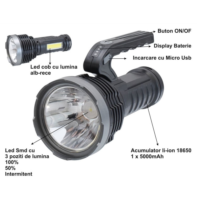 LED Flashlight 4 Modes with Rechargeable Battery and COB LED SL-02