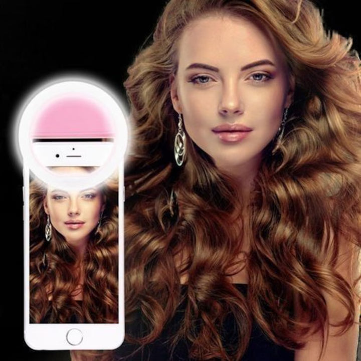 Portable Pink LED Selfie Ring Light, 3 Brightness Levels, Rechargeable