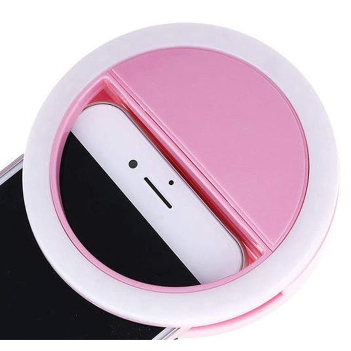 Portable Pink LED Selfie Ring Light, 3 Brightness Levels, Rechargeable